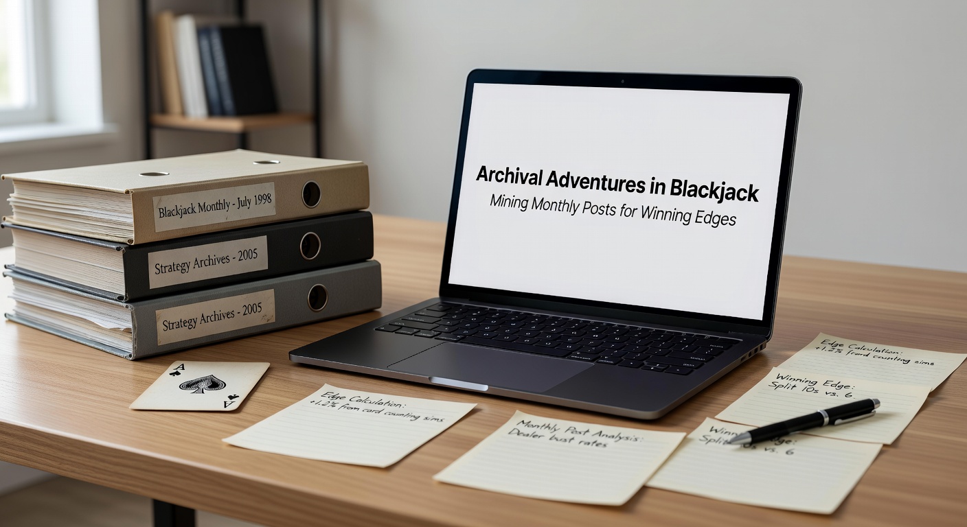 Vintage archive boxes overflowing with blackjack strategy notes and cards, symbolizing the treasure hunt through historical posts