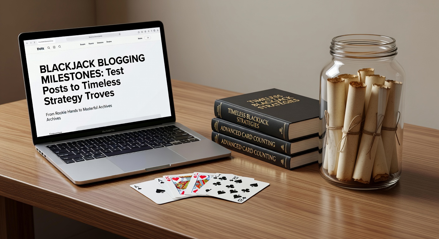 Vintage computer screen displaying early blackjack blog post with basic text and strategy notes