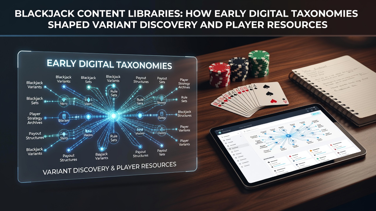 Early digital interfaces displaying categorized blackjack variants and rule sets from the initial online archives