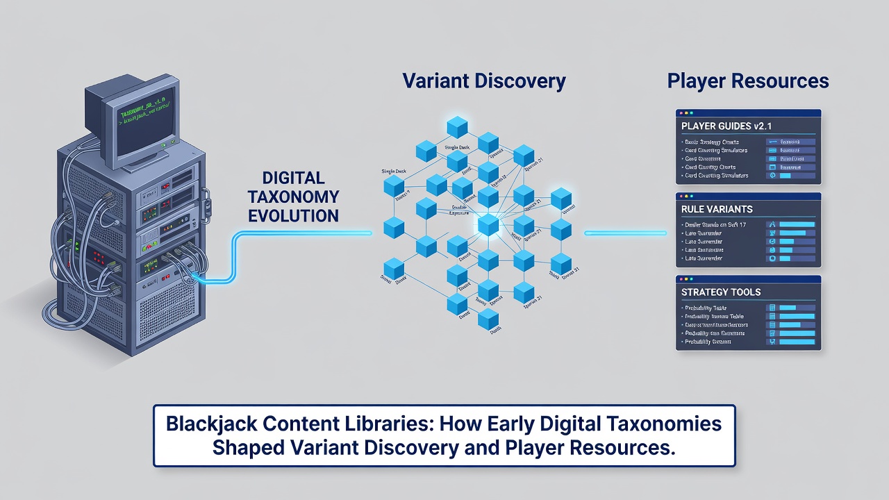 Mid-era digital archive interface showing expanded taxonomy filters for blackjack rules, strategies, and regional variants