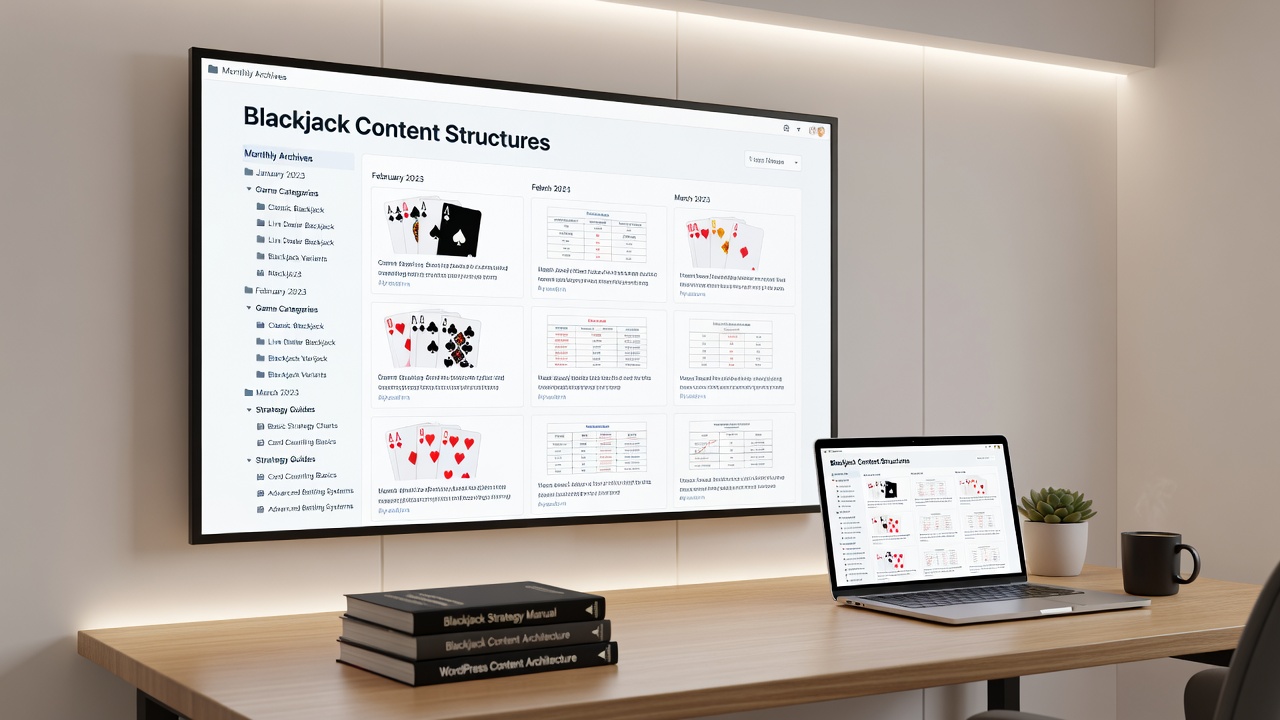 Example of a monthly archive page listing blackjack strategy posts and game category entries