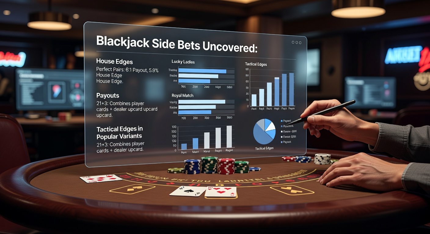 Colorful illustration of blackjack table with side bet options highlighted, showing chips and cards in action