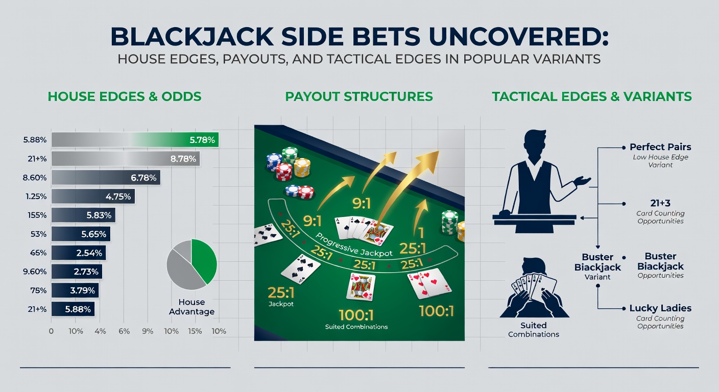 Close-up of blackjack side bet payout chart on a digital screen, detailing odds for pairs, poker hands, and matches