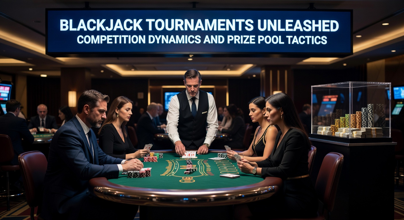 Intense blackjack tournament action with players focused on cards and chips at a brightly lit table