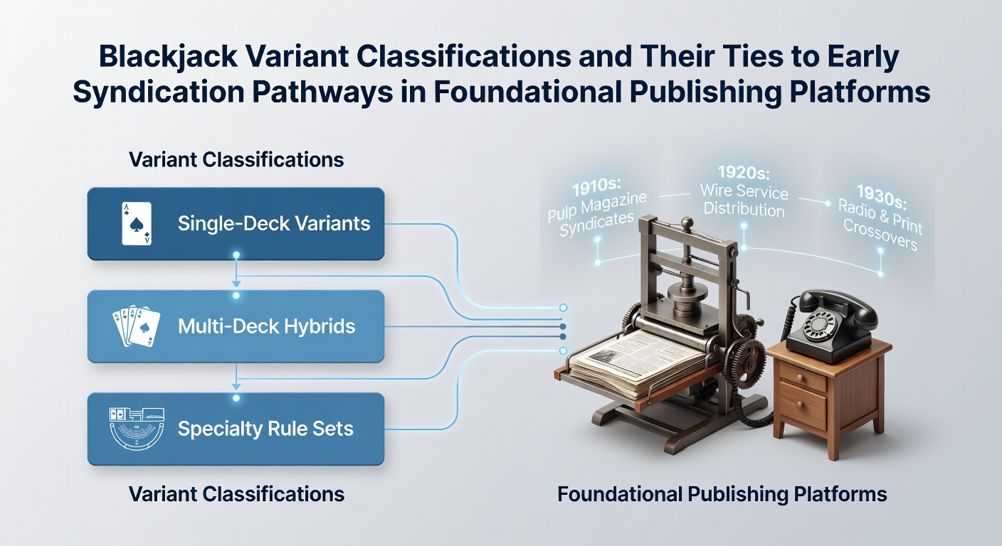 Diagram illustrating early blackjack variant classifications linked to syndication networks in foundational publishing platforms