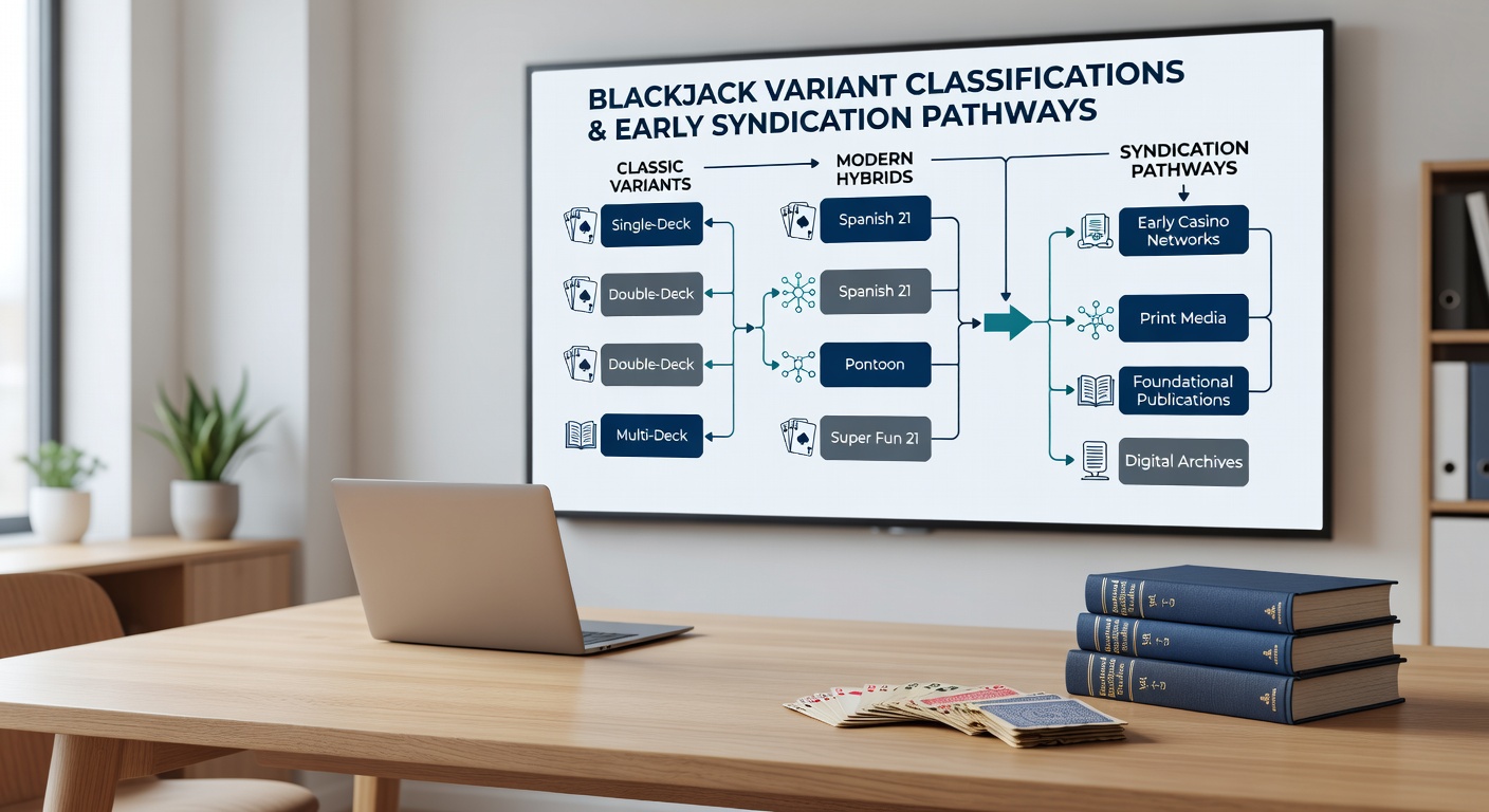 Historical network map showing syndication pathways for blackjack variants from foundational publishing platforms