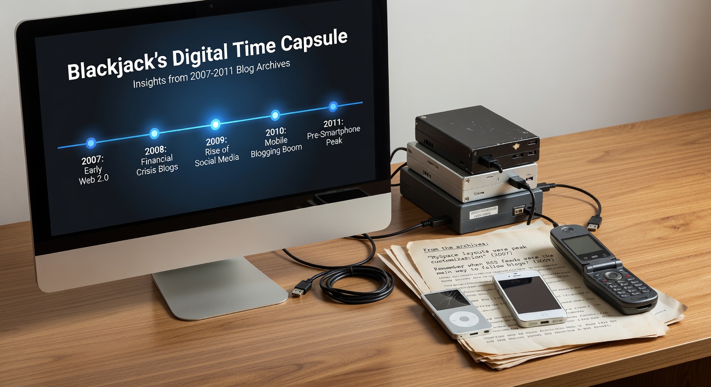 Vintage computer screen displaying early blackjack blog posts from 2007, evoking the dawn of online gambling discussions