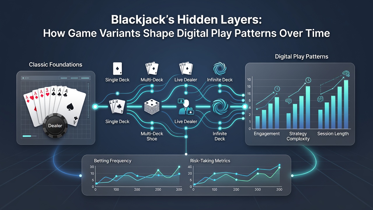Analytics dashboard comparing session lengths and bet patterns across blackjack variants over multiple years