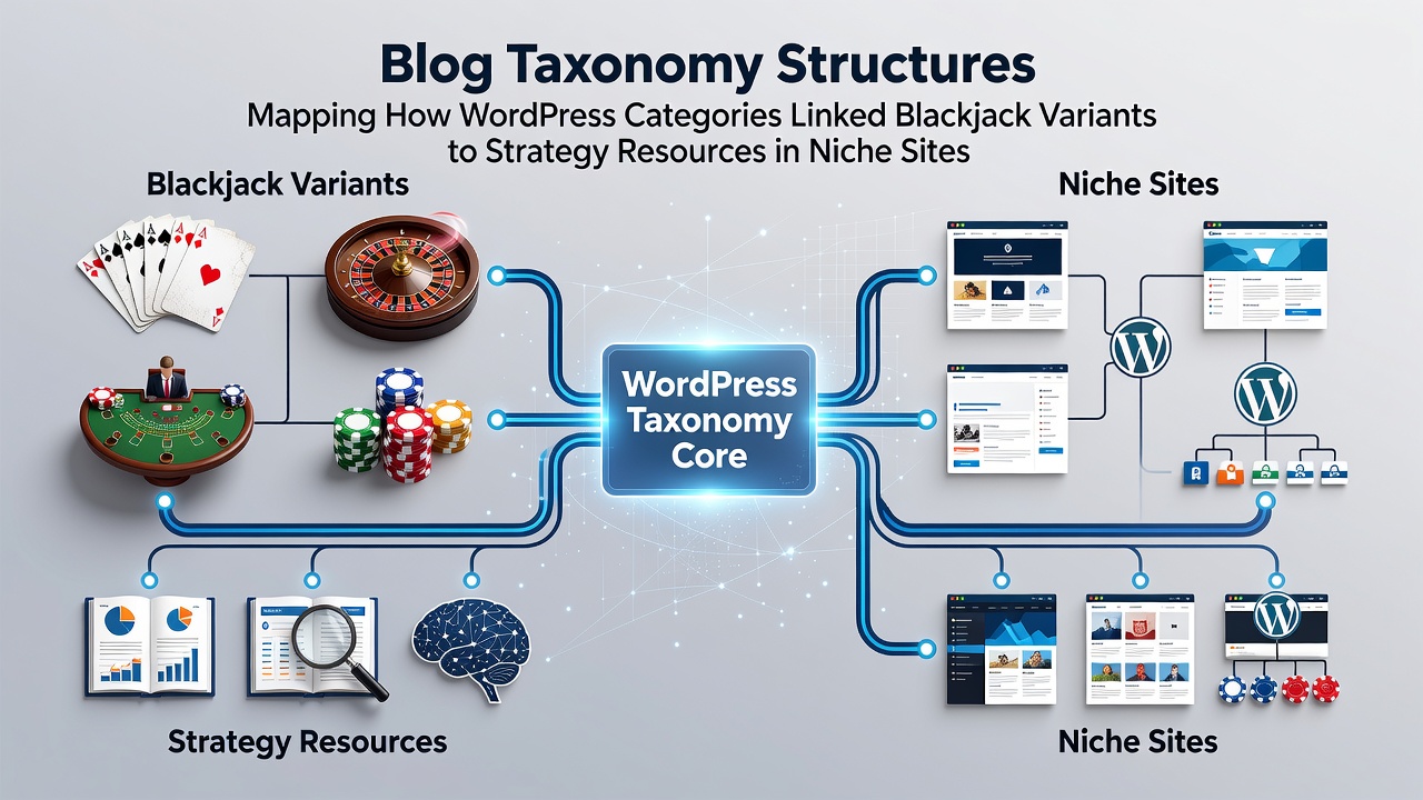 WordPress dashboard showing category hierarchy for blackjack game variants and strategy resources