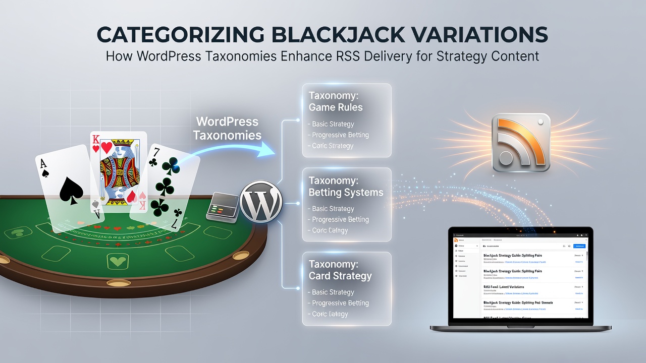 WordPress dashboard showing taxonomy setup for blackjack game variations including categories for European, American, and Pontoon styles with RSS feed configuration options