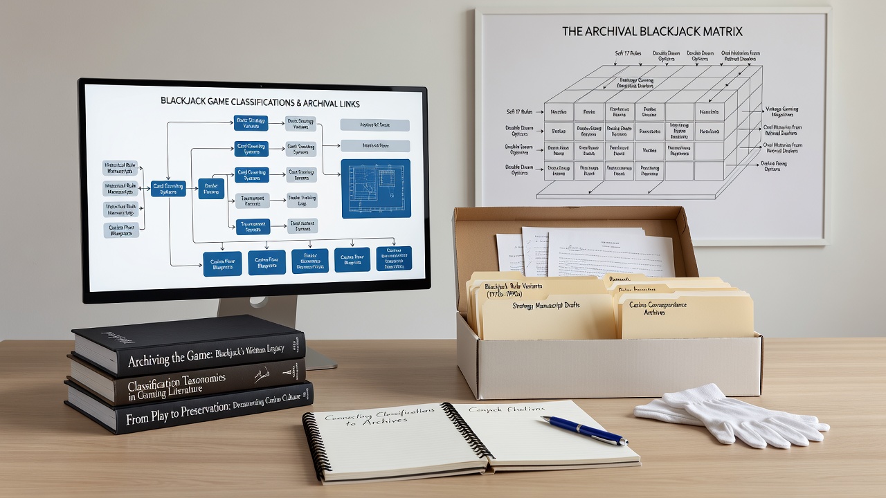 Archivist reviewing classified blackjack strategy documents and digital preservation tools