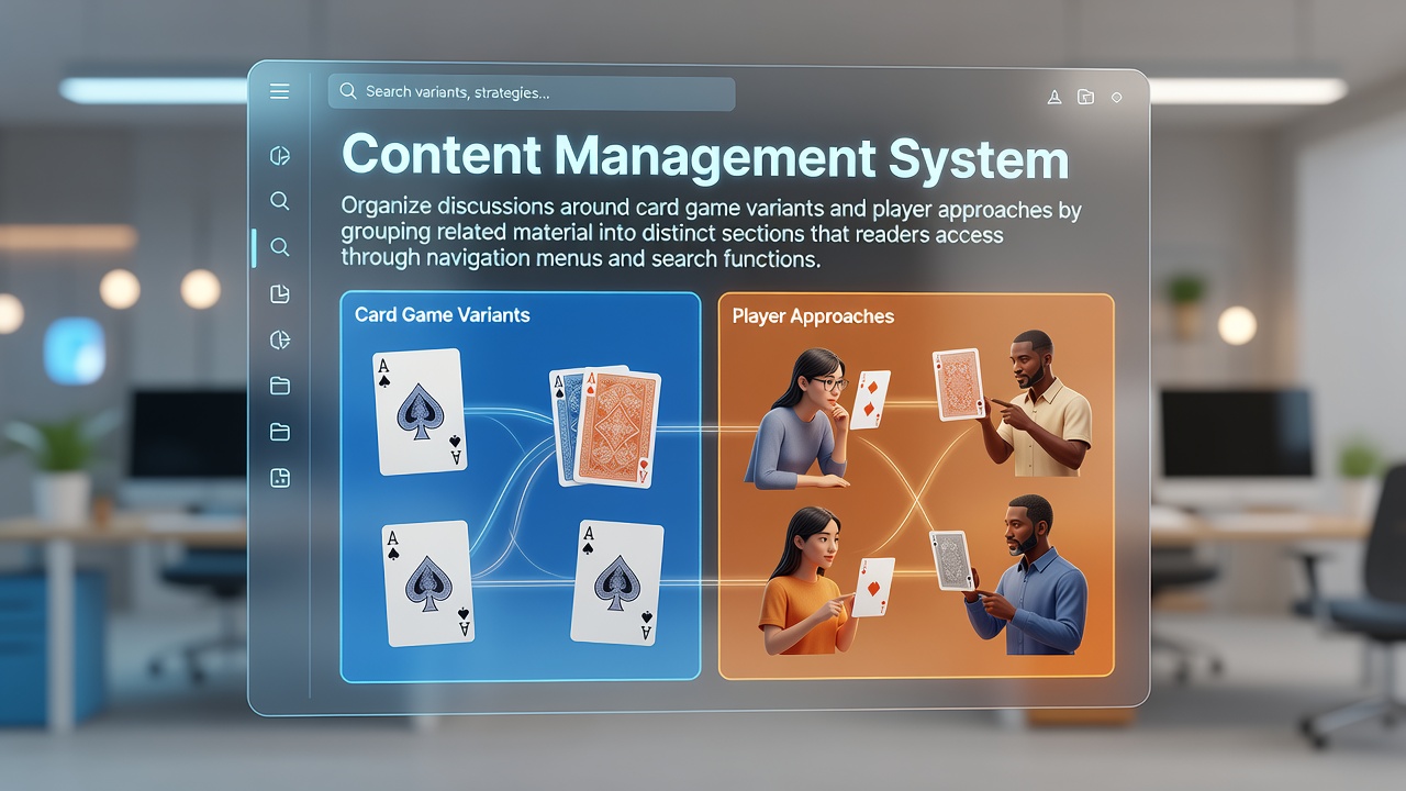 Content management system dashboard showing organized sections for card game variants and player strategies