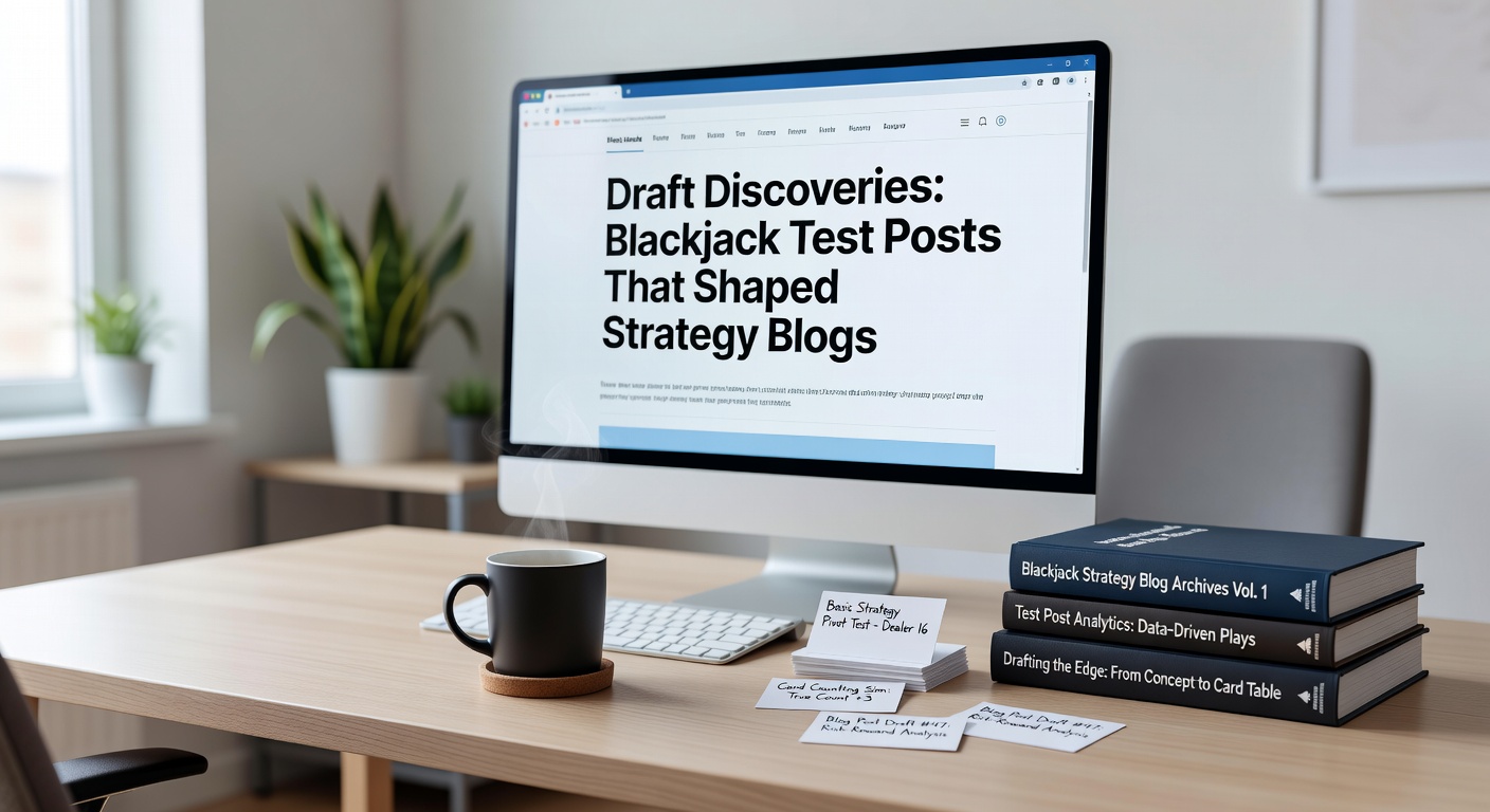 Vintage computer screen displaying early blackjack strategy draft post from a 2000s blog, with code snippets and basic charts outlining card counting tests