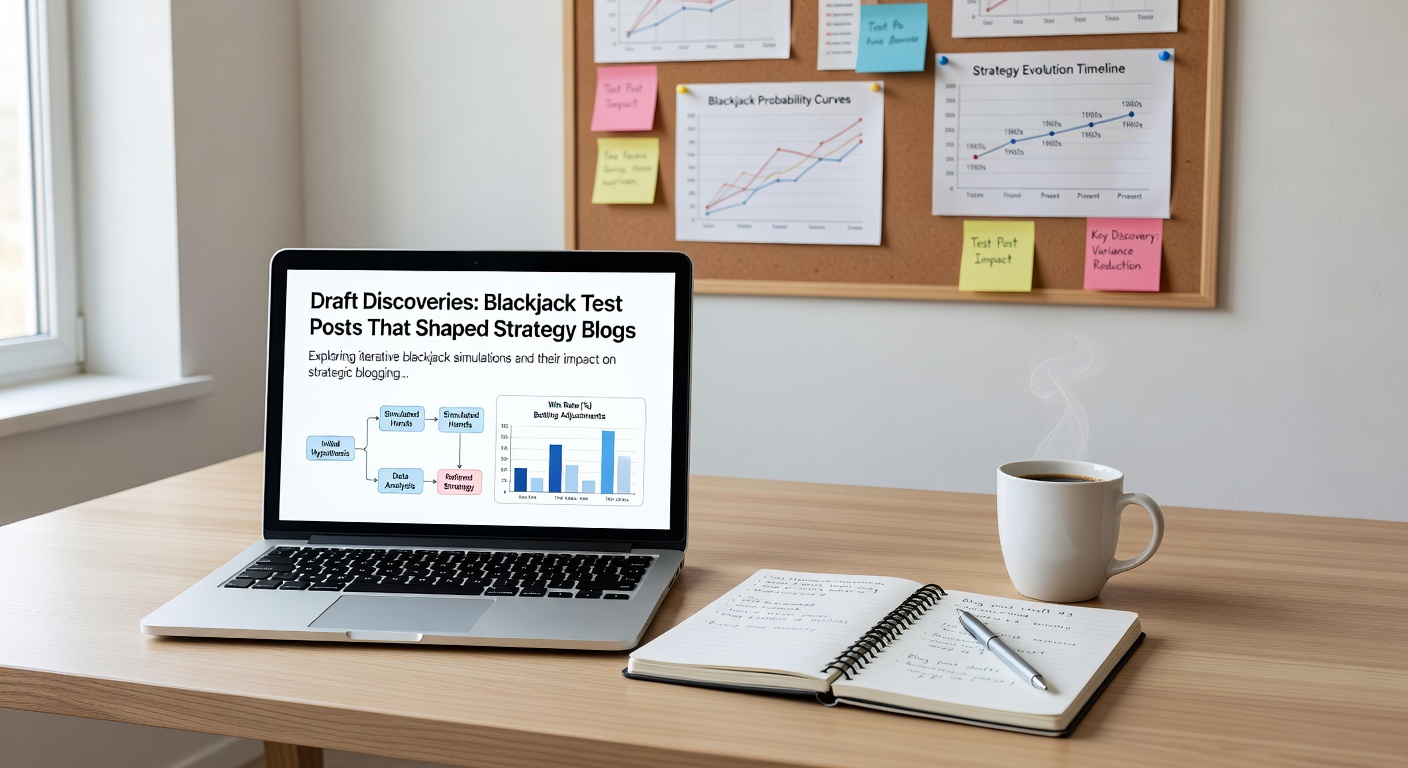 Screenshot of a recovered 2010s blackjack blog draft post, featuring handwritten notes on card counting deviations and a graph of simulated win rates over 50,000 hands