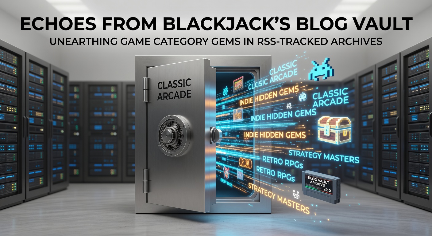 Vintage computer screen displaying RSS feeds from a blackjack blog archive, with cascading lines of code and game icons emerging from a digital vault