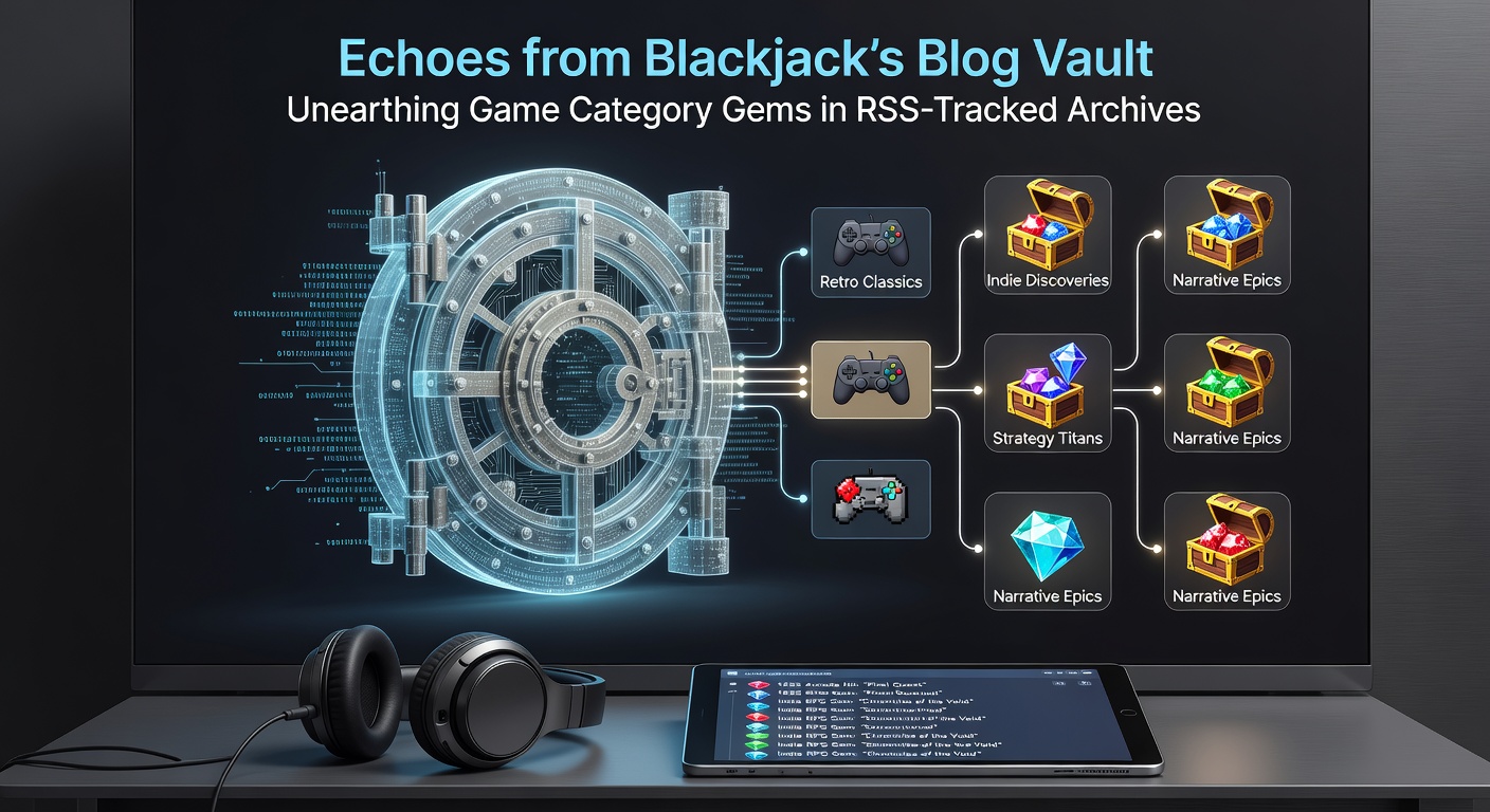 Close-up of an RSS feed reader interface pulling archived blackjack posts, surrounded by icons of game categories like variants, strategies, and live streams