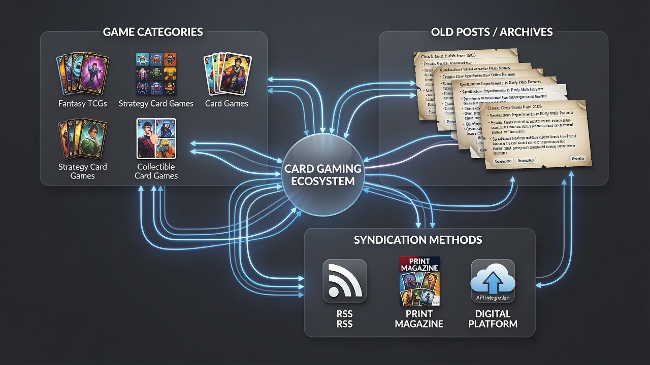 Syndication workflow diagram connecting card game blog archives to external platforms