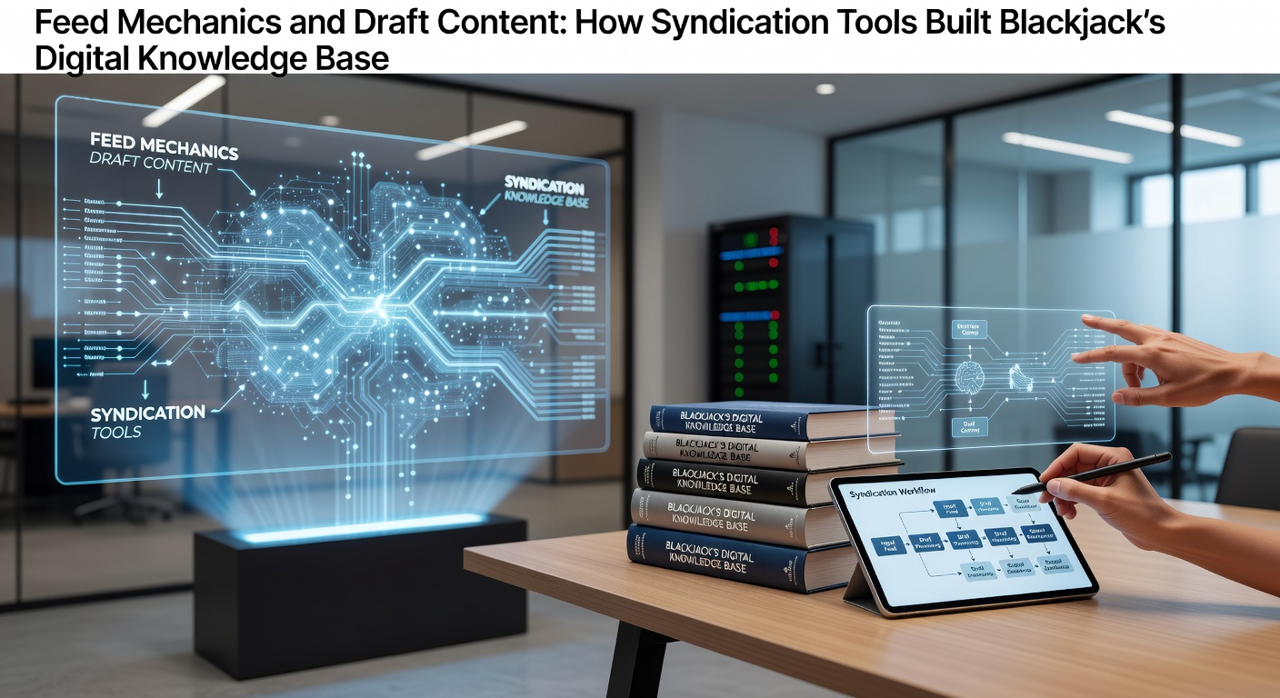 Illustration of syndication tools connecting draft content to blackjack knowledge archives