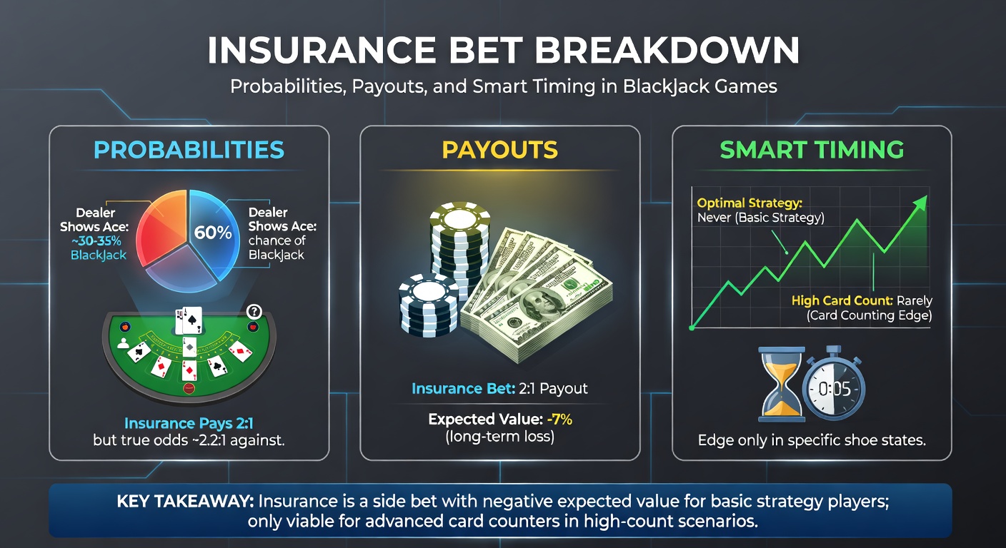 Close-up of blackjack insurance bet chip placement next to main wager on felt table