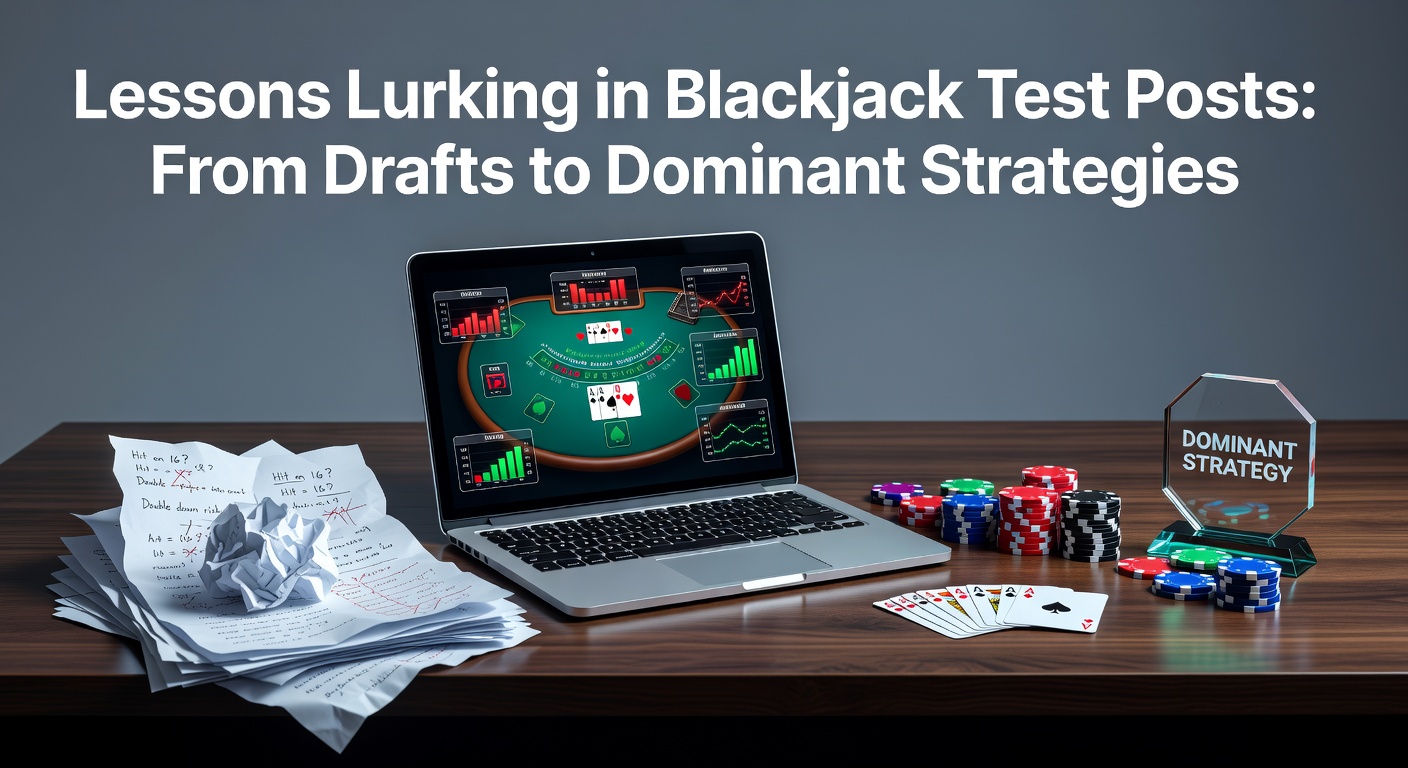 Digital simulation screen displaying evolving blackjack strategy charts from initial drafts to refined play patterns, highlighting key decision points in test runs