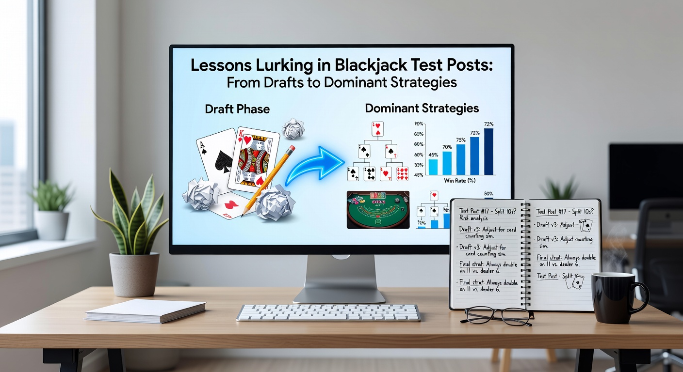 Close-up of a blackjack test post archive on a forum, featuring charts comparing draft deviations to dominant strategy outcomes across simulated shoe after shoe