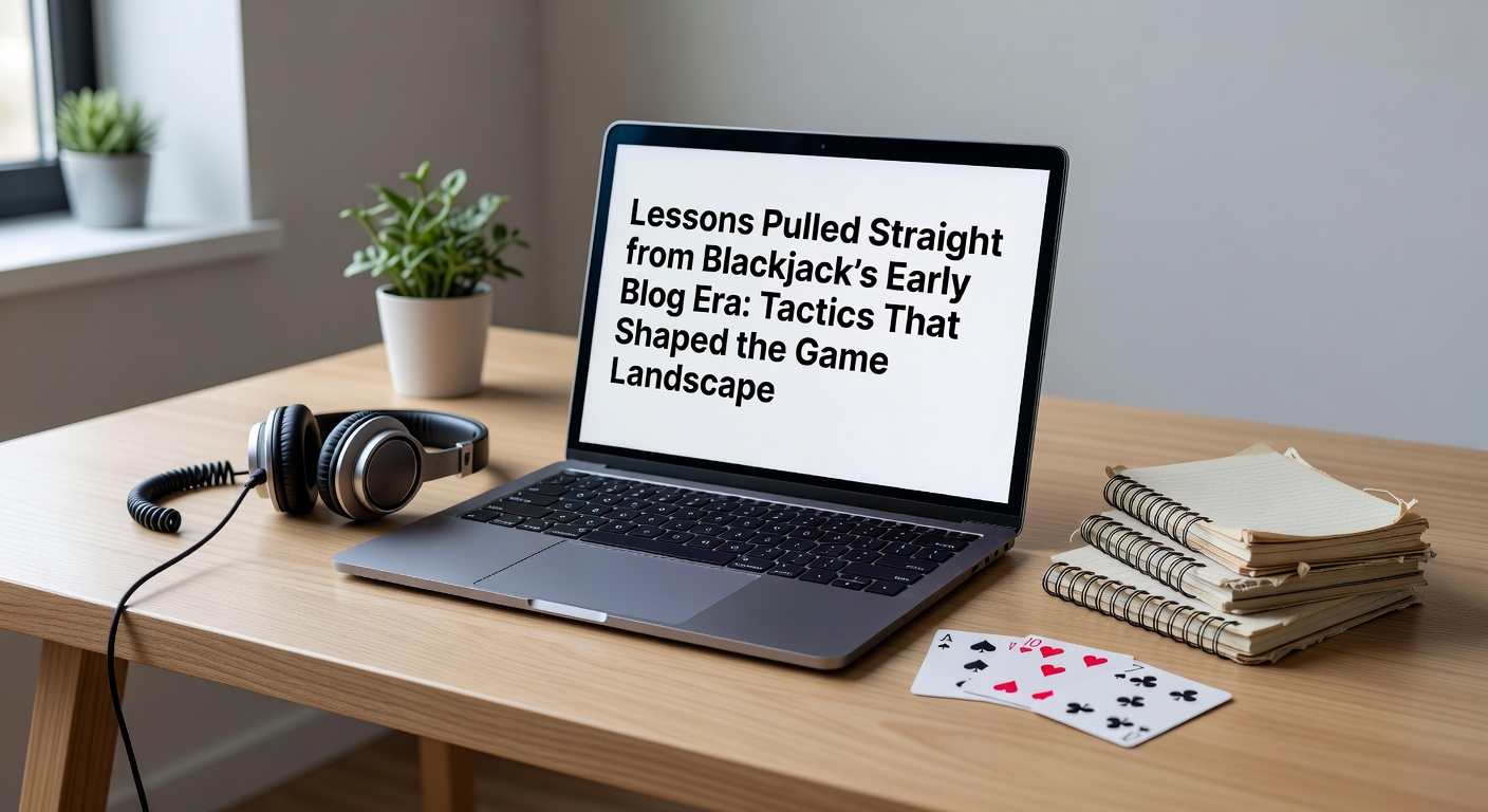 Collage of early blackjack blog interfaces from 2001-2005, showing strategy tables, reader comments, and probability calculators