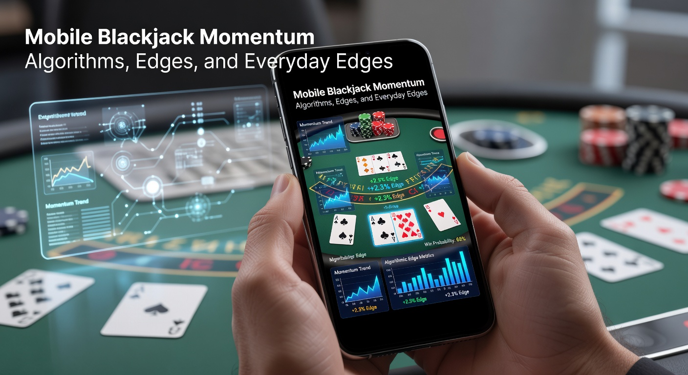 Smartphone screen displaying a mobile blackjack game interface with cards and betting chips, highlighting algorithm-driven animations