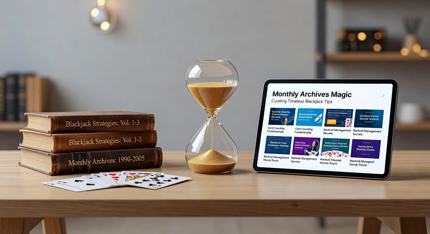 Organized digital archive shelves filled with glowing blackjack strategy icons, representing timeless tips preserved over months