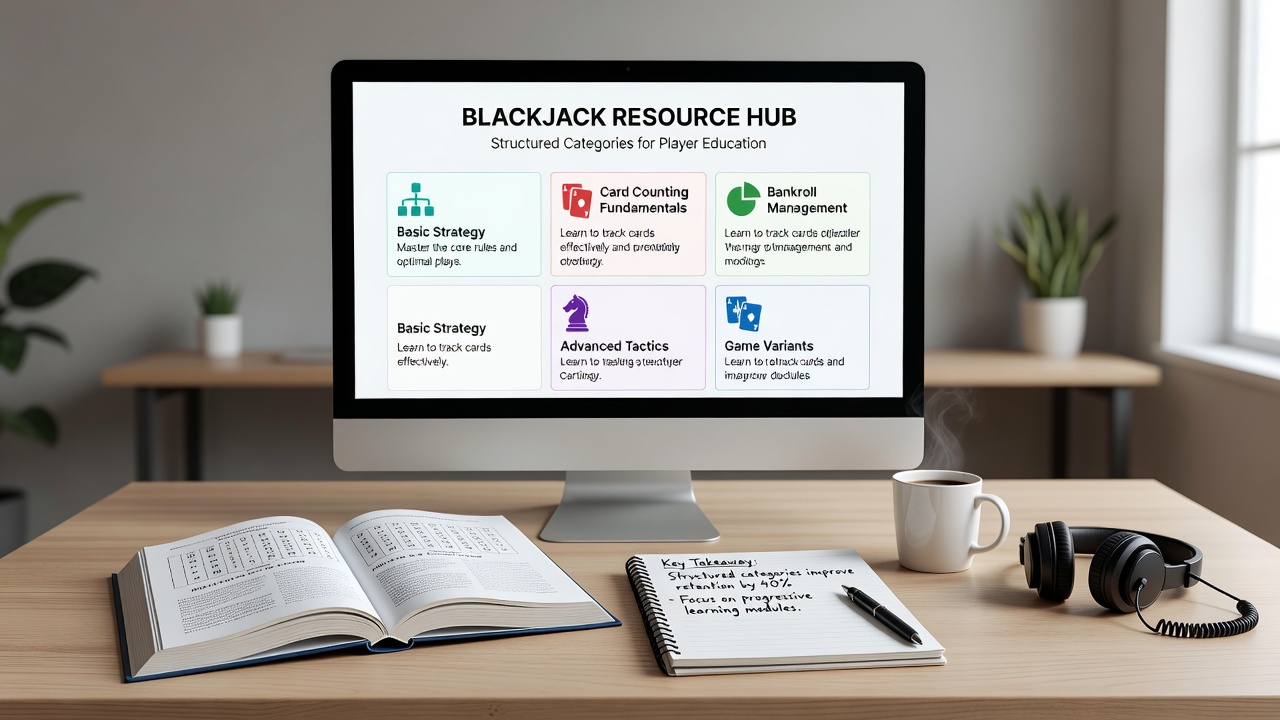 Player reviewing categorized blackjack resources on a digital hub interface
