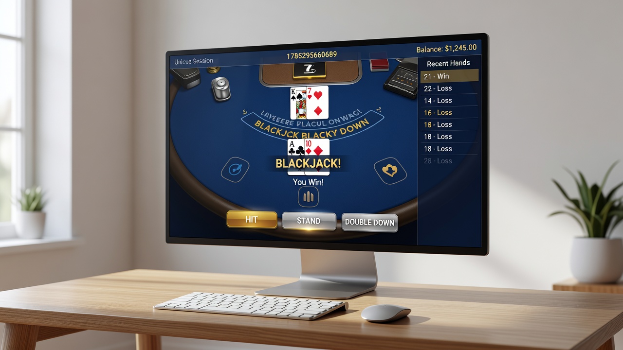 Close-up view of online blackjack game interface displaying betting chips, card layout, and payout information