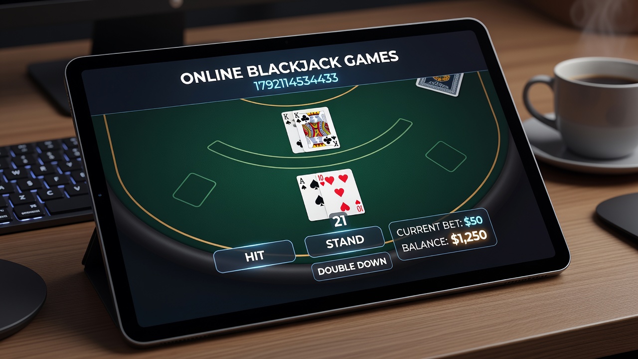 Close-up view of digital blackjack table with chips, cards, and player interface elements during a live session