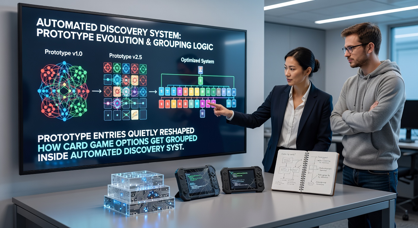 Automated discovery interface displaying grouped card game categories with prototype metadata influences visible