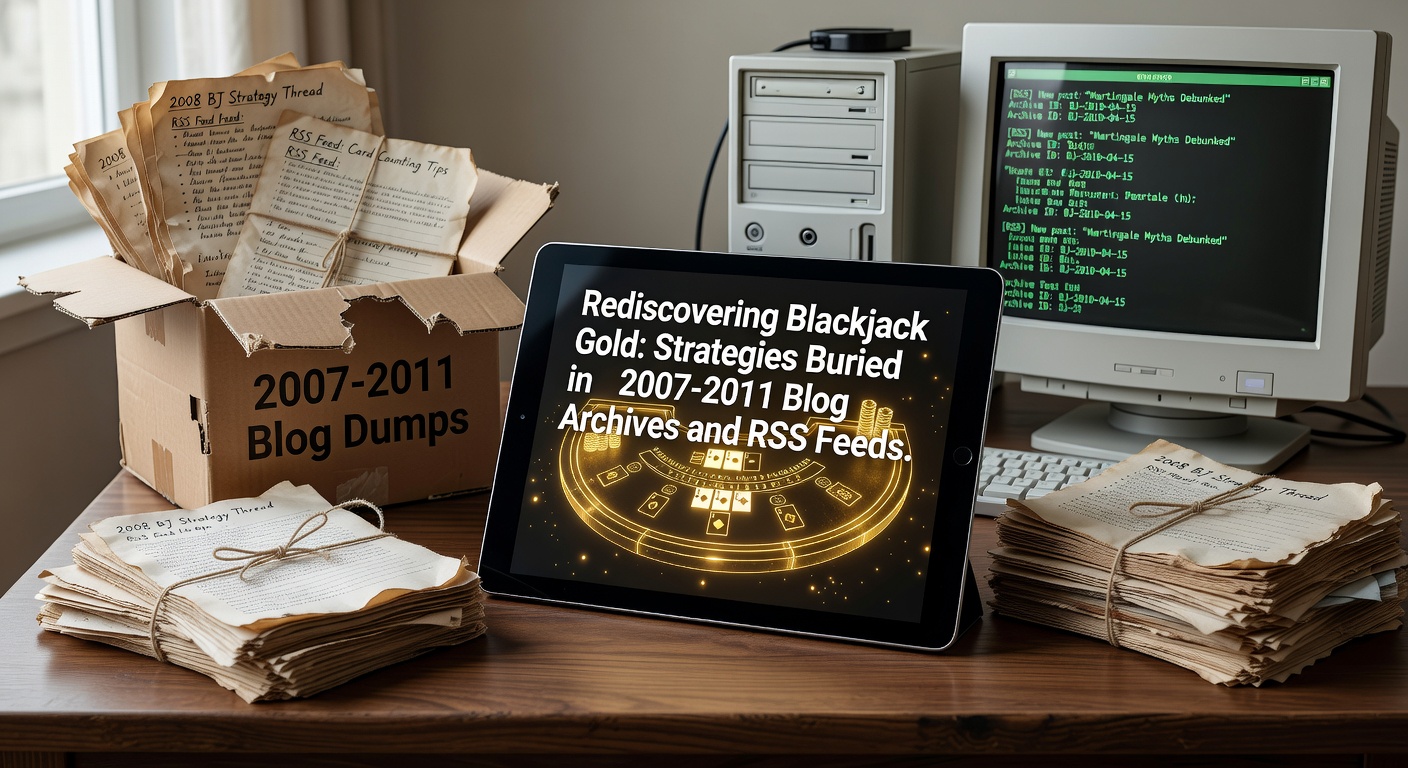 Vintage computer screen displaying old blackjack blog archives from 2007-2011, with RSS feed icons and strategy charts glowing in the background