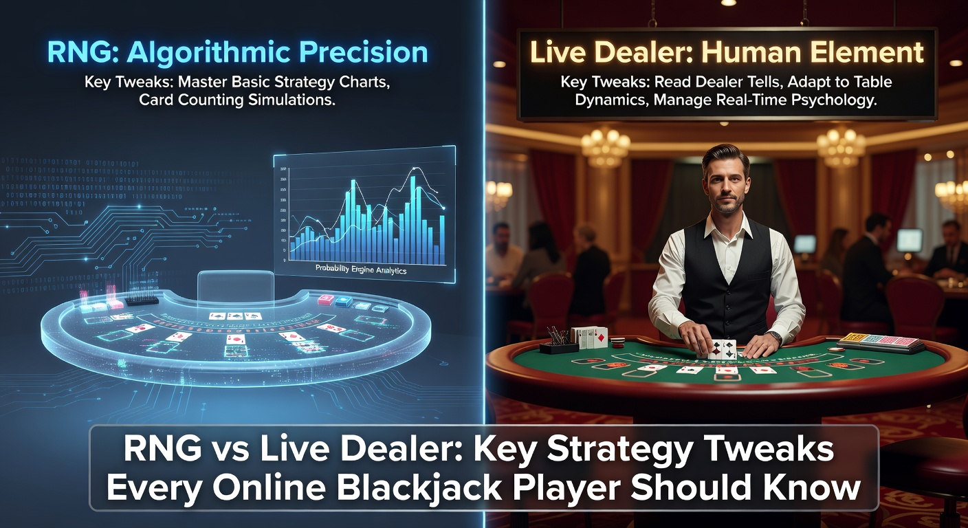 Digital illustration comparing RNG software-generated cards on one side with a live dealer shuffling real cards on a casino table on the other, highlighting the contrast in online blackjack formats