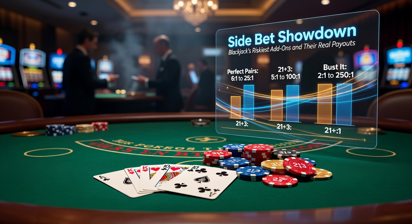 Vibrant casino table showing blackjack side bet options glowing on a digital screen amid stacks of chips and card decks