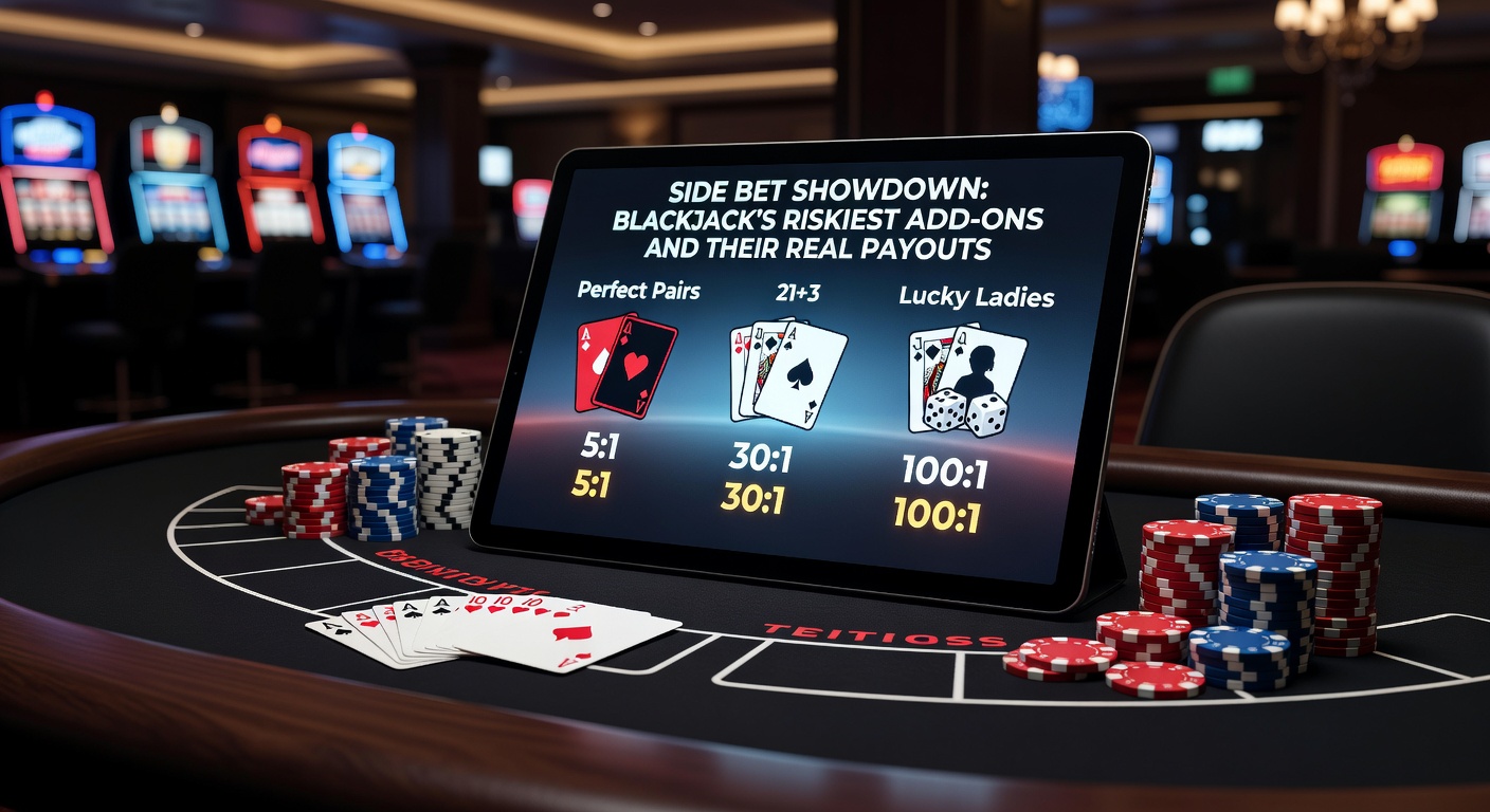 Close-up of a blackjack hand with side bet payouts displayed, chips stacked high next to illuminated bet circles