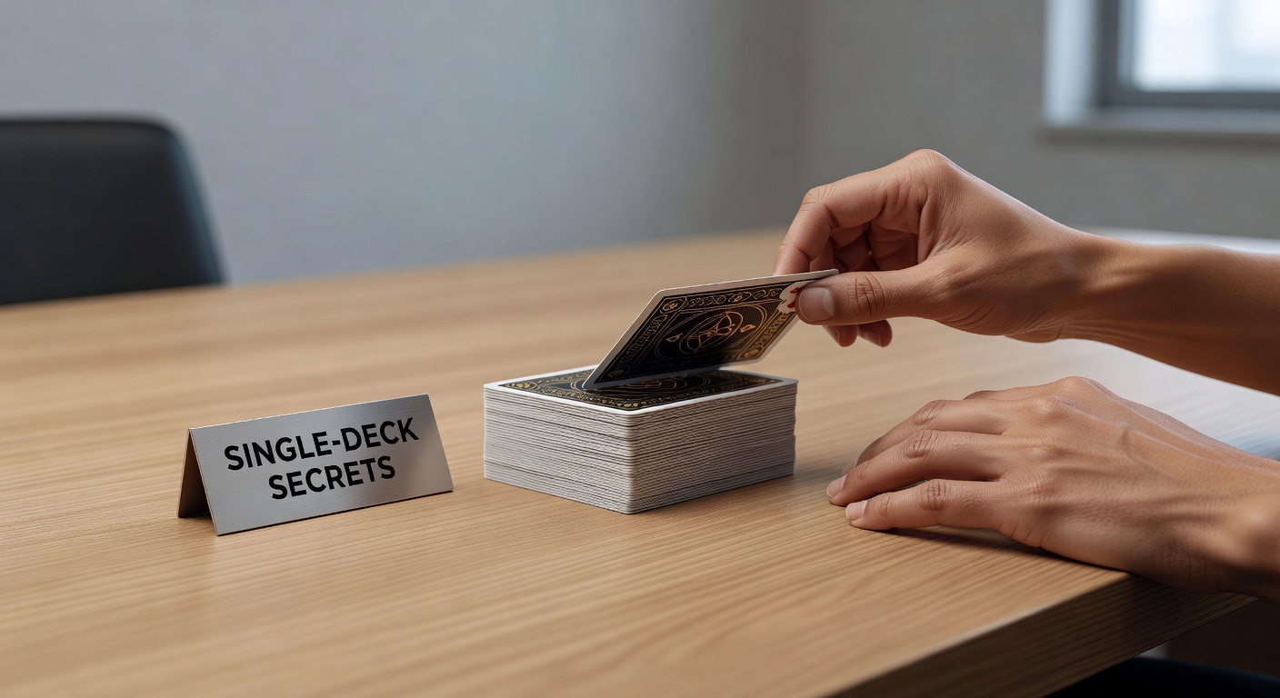 Close-up of a single-deck blackjack setup on a casino table, highlighting the streamlined shoe and cards