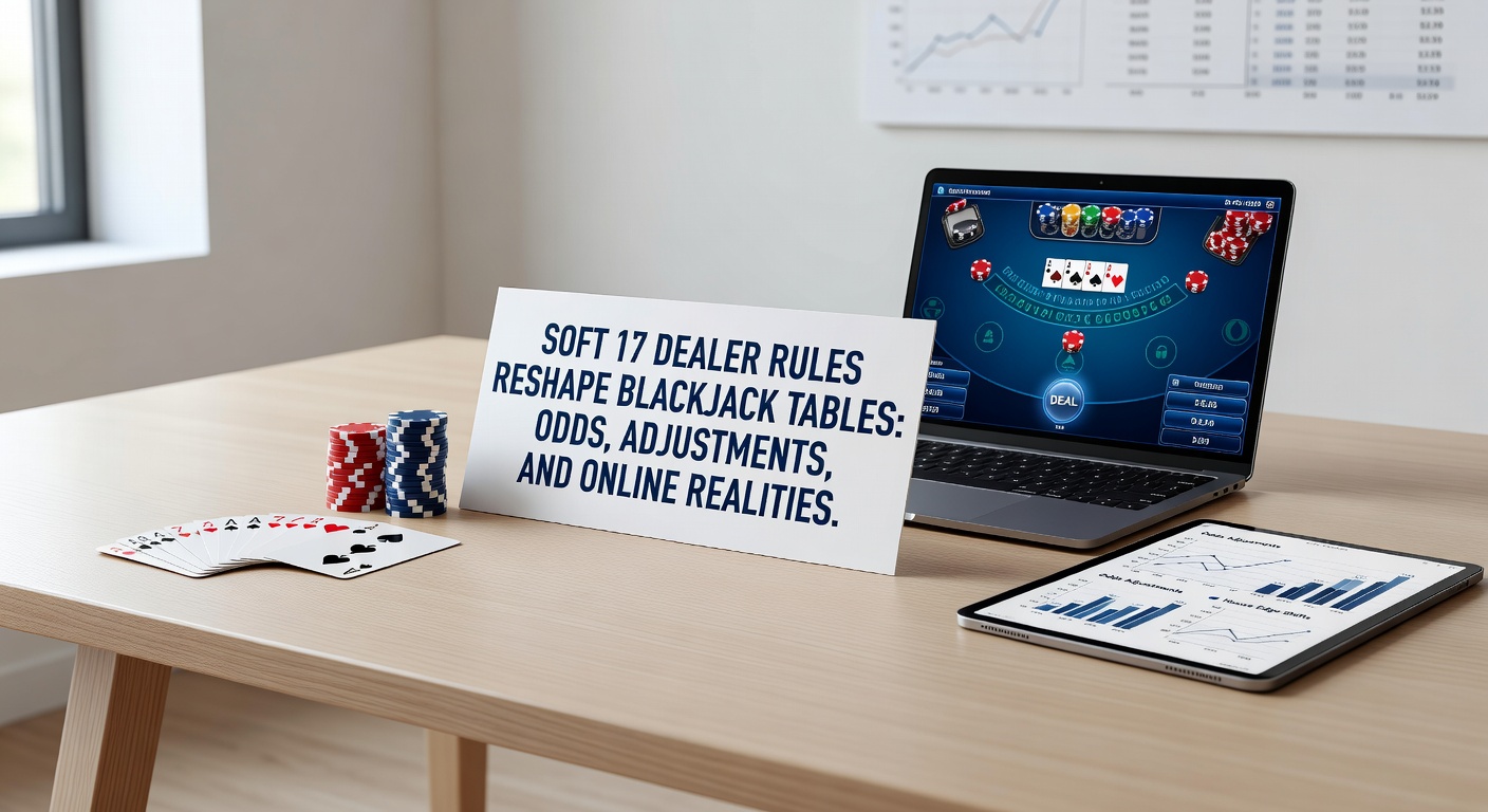 Blackjack table close-up showing dealer hand with Ace and 6, highlighting soft 17 decision point