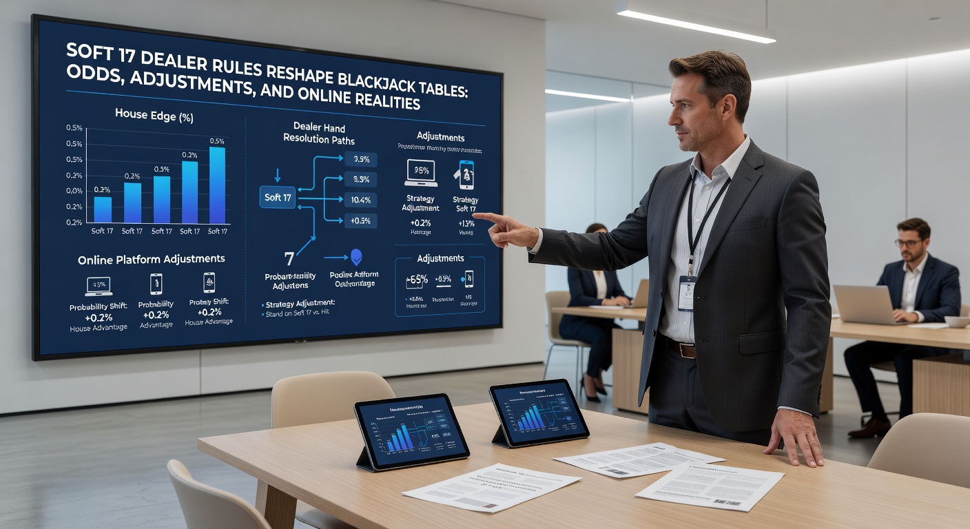 Digital blackjack interface displaying soft 17 dealer options and probability charts