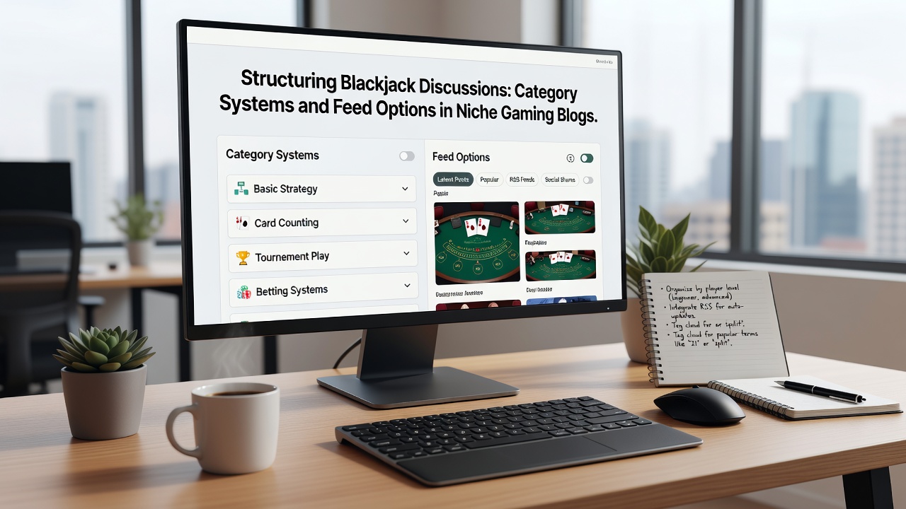 Illustration of RSS feed icons connected to blackjack blog categories showing subscription flow