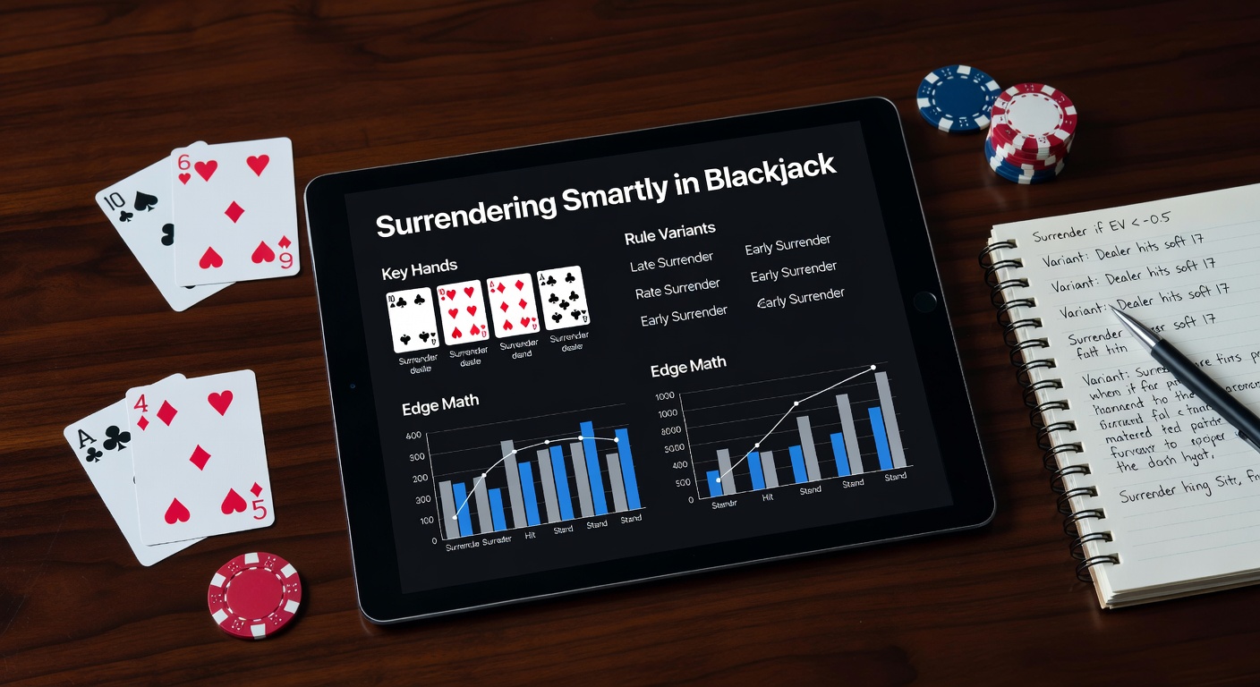 Blackjack table showing a player considering surrender against dealer's strong upcard, with chips and cards in focus