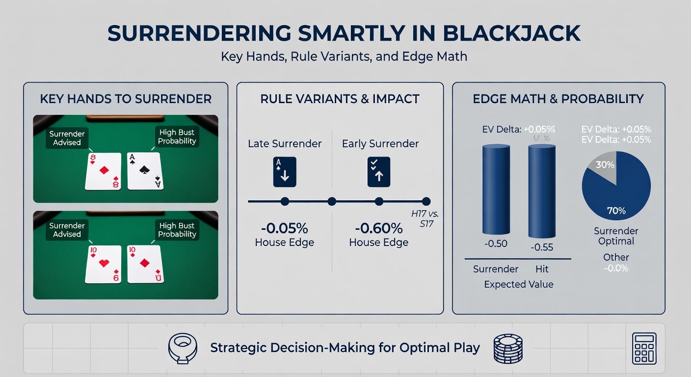 Close-up of blackjack strategy chart highlighting surrender zones for 15 and 16 against dealer 10, with color-coded cells