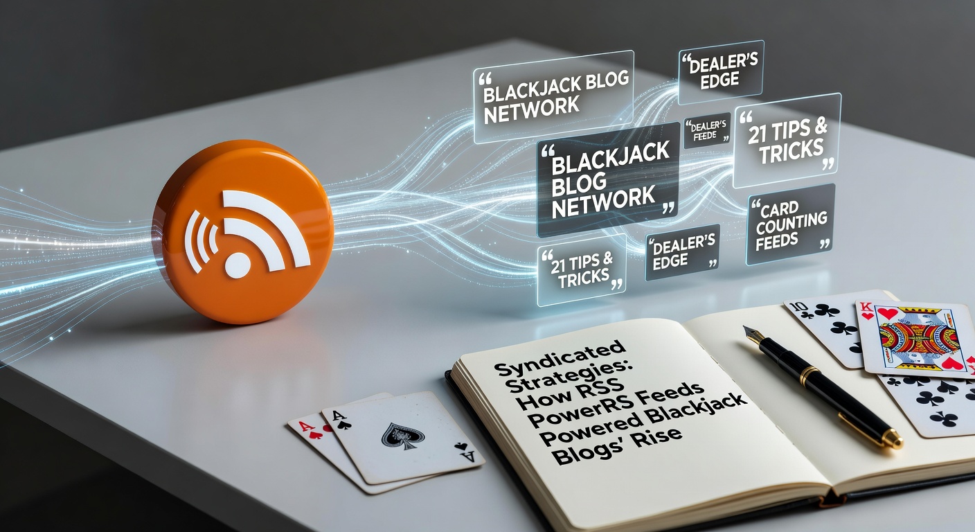 Vintage computer screen displaying an RSS feed icon alongside early blackjack blog posts, symbolizing the syndication era