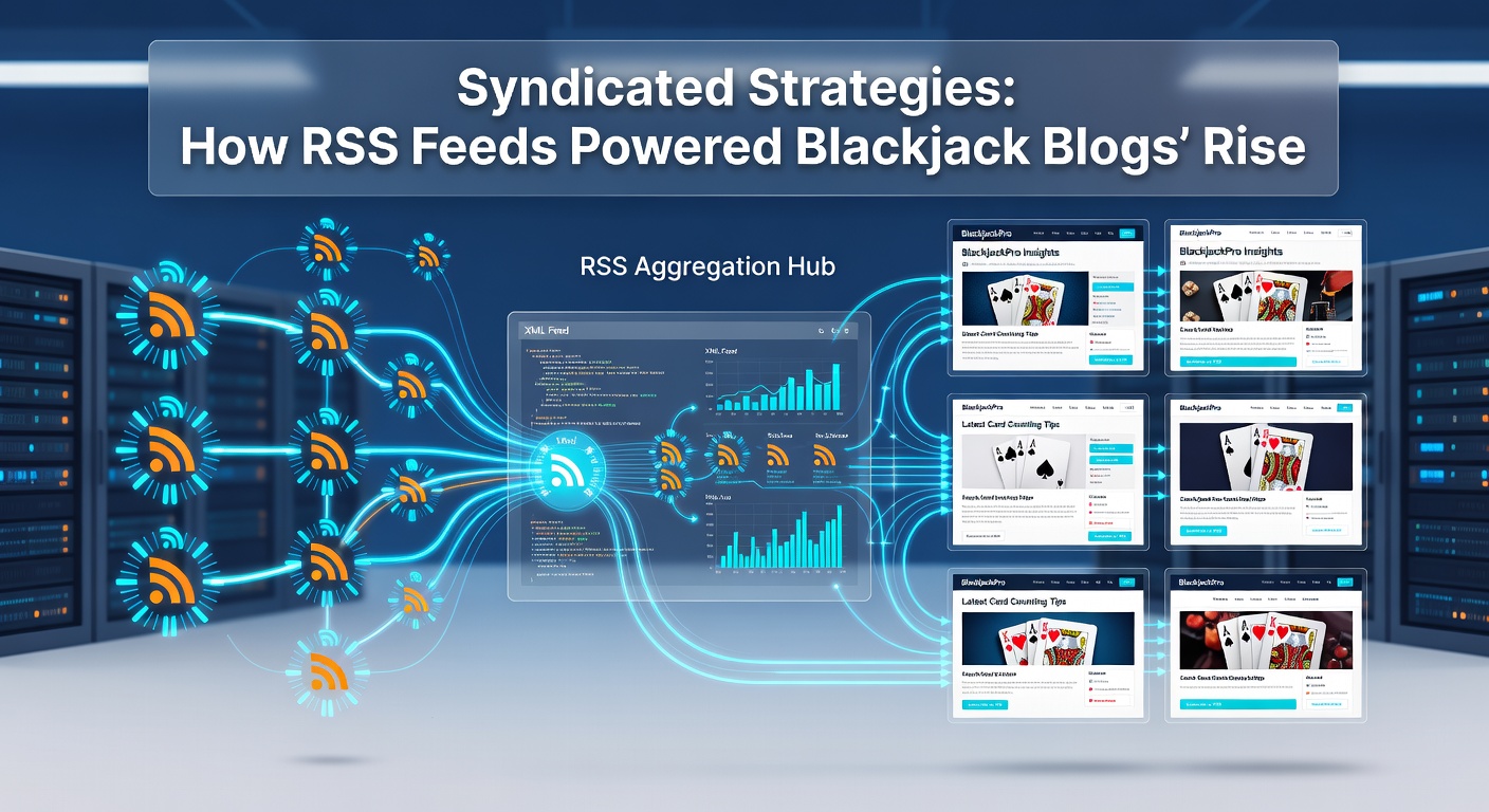 Collage of RSS reader interfaces from the 2000s showing aggregated blackjack strategy posts, highlighting peak syndication activity