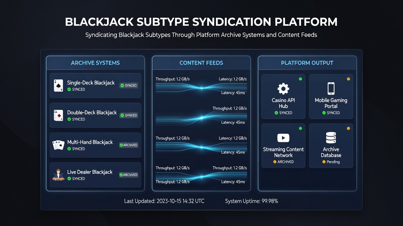 Network diagram showing archive server connected to multiple content feeds delivering blackjack subtype data to regional platforms