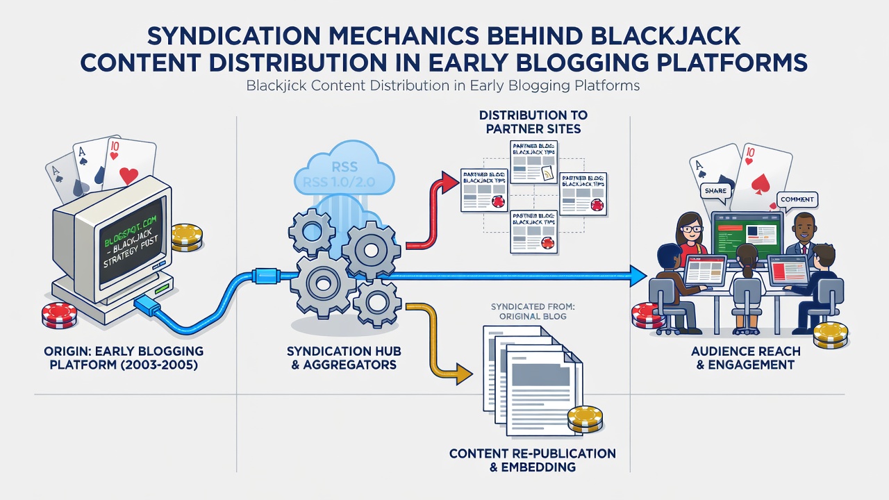 Diagram illustrating RSS feed flow from blackjack blogs to aggregator sites in early web environments