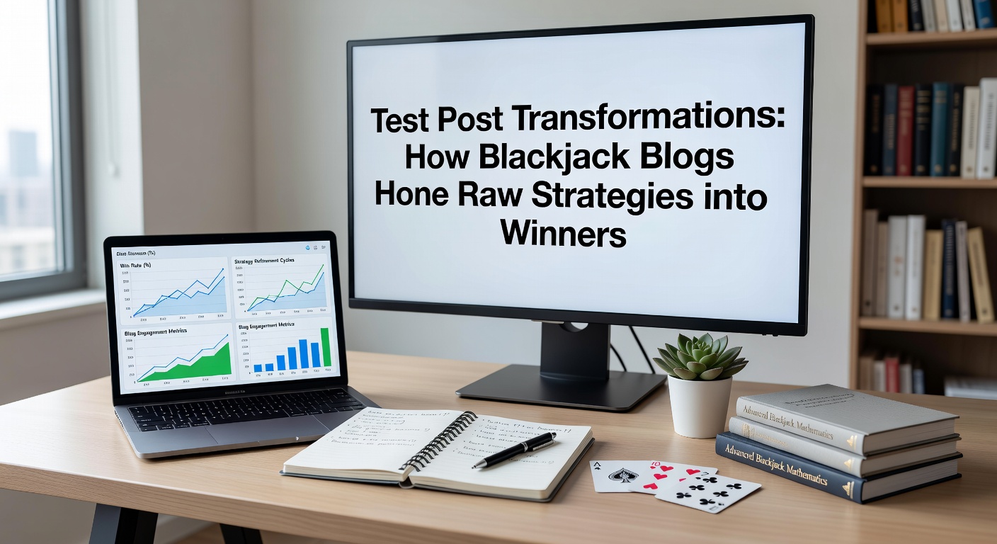 Illustration of raw blackjack strategies evolving through blog testing into refined winning approaches