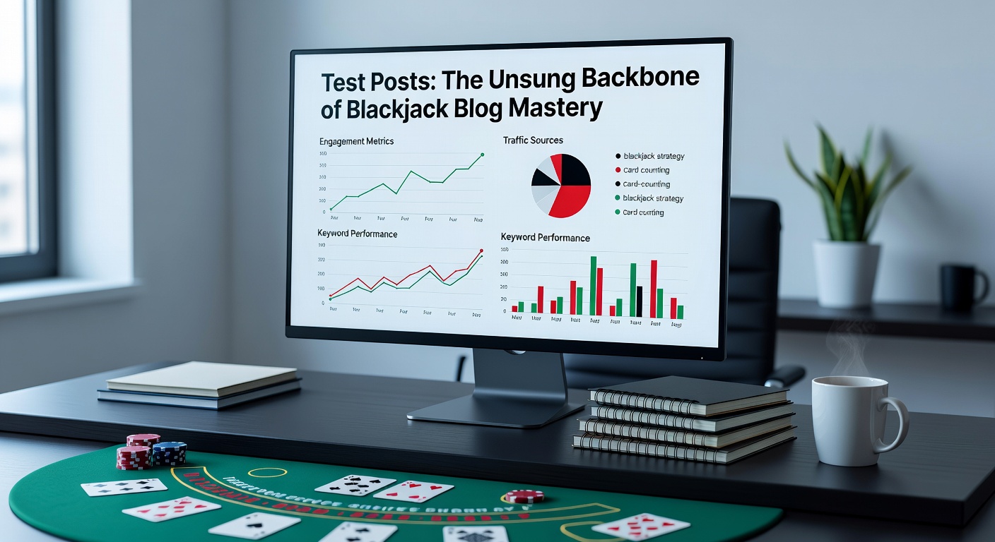 Close-up of a blackjack blog test post in edit mode, featuring dummy content on doubling down strategies and plugin compatibility checks