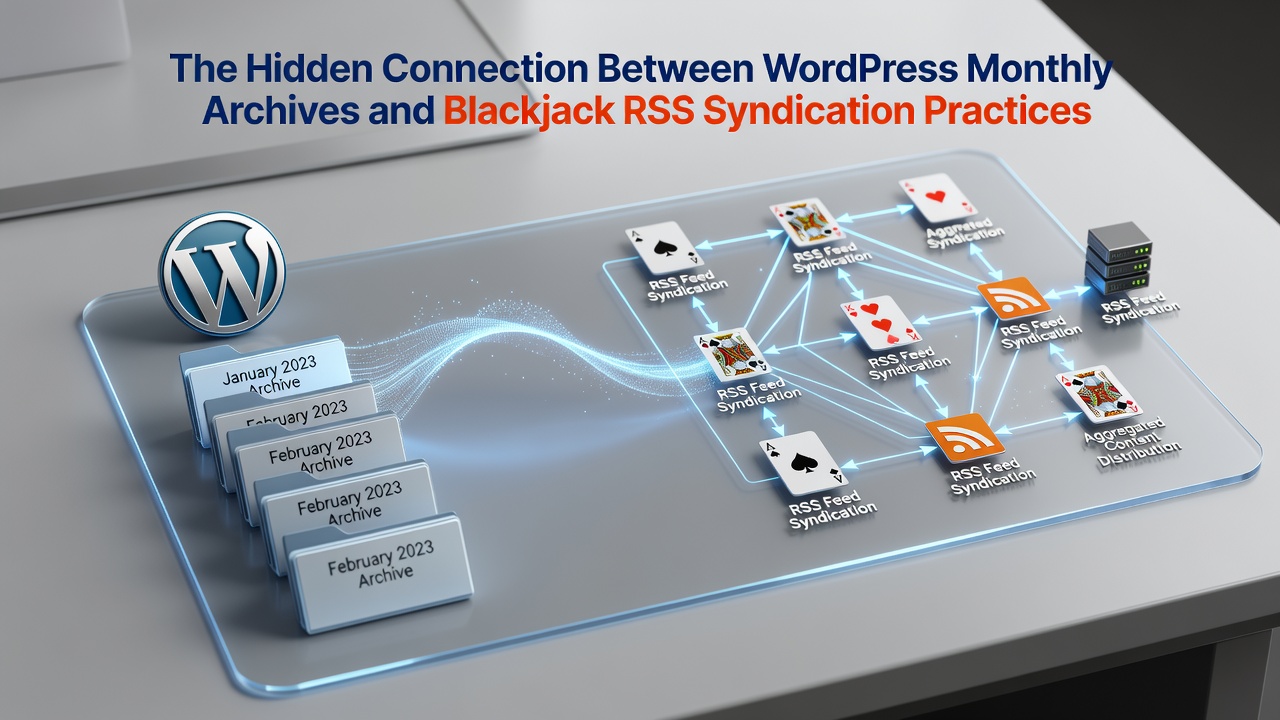 Diagram illustrating data flow from WordPress posts through monthly archives into RSS syndication feeds for blackjack content distribution