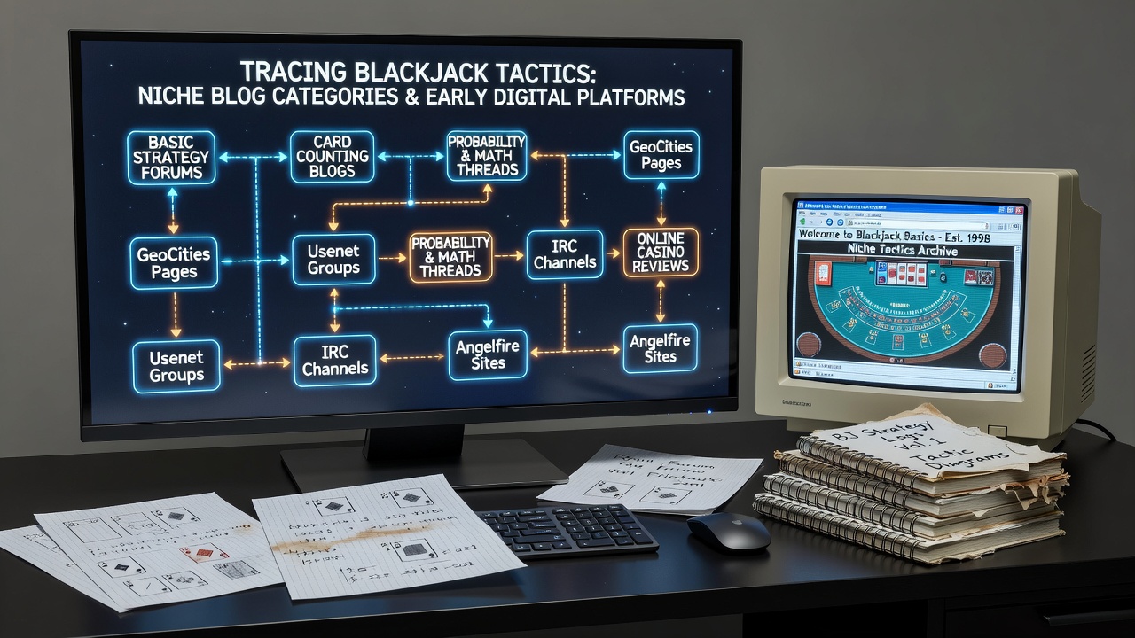 Screenshot of categorized blackjack blog posts discussing probability and historical tactics from 2001